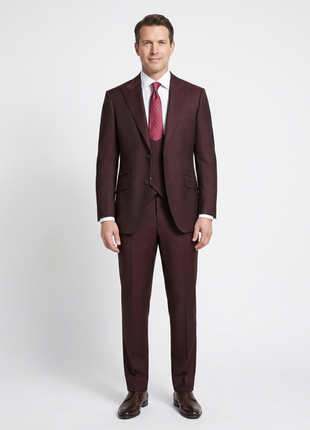 Beragamo Elegant Mens Burgundy 100% Wool Classic Fit Vested Suit with Peak Lapel
