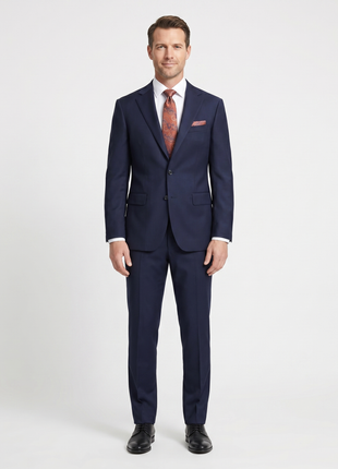 Mens Solid Navy Blue Slim Fit 100% VBC Wool Prehemmed Suit - The Suit Depot