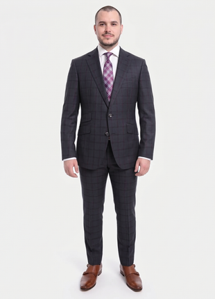 Napoli Slim Fit Navy Blue Plaid With Red Windowpane Half Canvassed Wool Suit