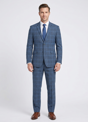 Raphael Blue Windowpane Slim Fit Notch Lapel Stretch Two Button Suit