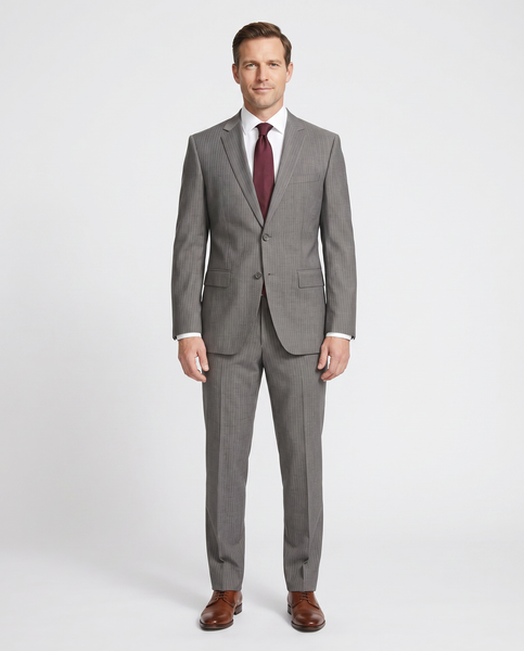 Hugo Boss Super 110s Pinstriped Grey Notch Lapels Wool 2-Button