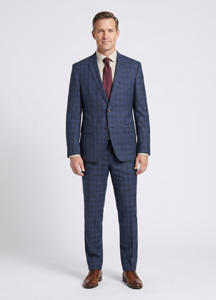 Hugo Boss Columbo Navy Blue and Black Windowpane Slim Fit Notch Lapels 2-Button Wool Silk Suit - 46R