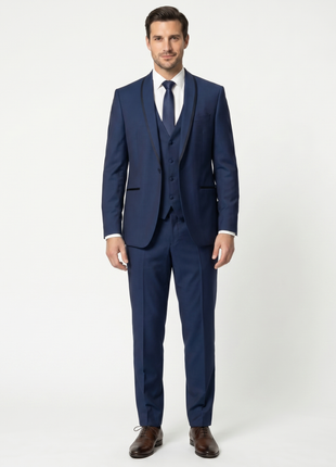 Corneliani Mens Blue With Black Trim Fully-Canvassed Shawl Lapel Classic Fit 3-Piece Wool Mohair Tuxedo Suit - 36S