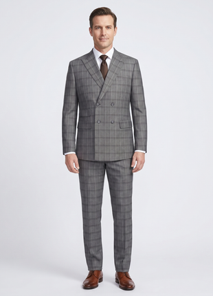 English Laundry Mens Gray & Brown Windowpane Slim Fit Peak Lapel Double-Breasted Stretch Suit