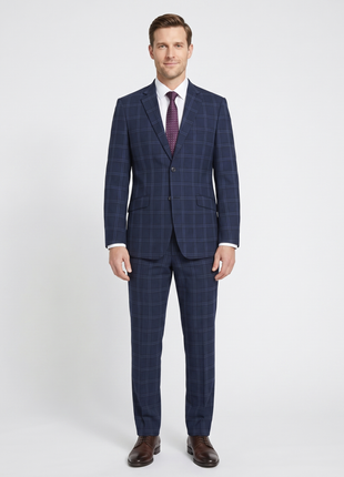 Raphael Windowpane Navy Blue Slim Fit Notch Lapels Two Button Stretch Suit