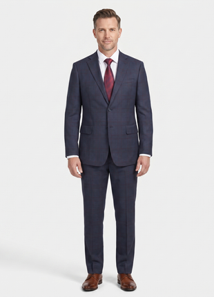English Laundry Blue & Burgundy Houndstooth Plaid Slim Fit Notch Lapel Two button Stretch Suit