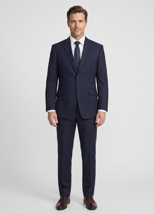 Raphael Windowpane Navy Blue Slim Fit Notch Lapels Two Button Stretch Suit