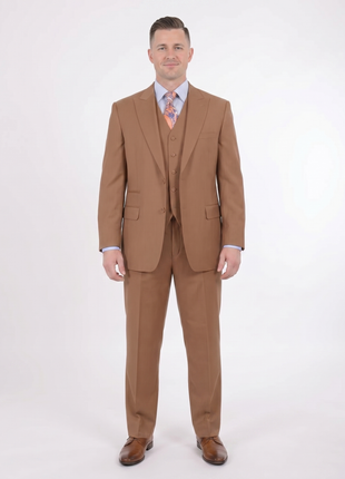Apollo King Mens Solid Brown Three Piece Wool Suit With Peak Lapel - The Suit Depot