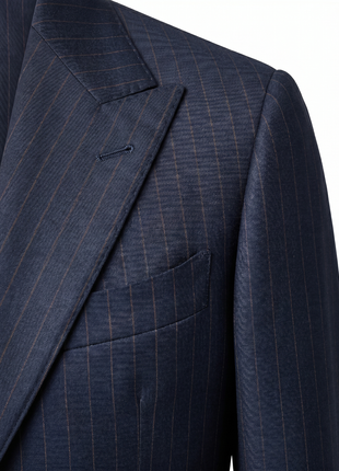 Atica Navy & Orange Pinstripe Slim Fit Peak Lapel Half-Canvassed 2 Button Wool Suit