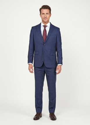 Centrion Mens Blue Plaid Regular Fit 100% Wool 2 Button Suit