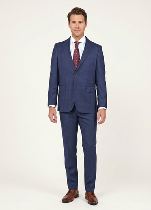 Centrion Mens Blue Plaid Slim Fit 100% Wool 2 Button Suit
