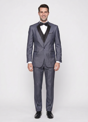 Mens Modern Fit Blue Sharkskin Plaid Three Piece One ButtonTuxedo Tux Suit