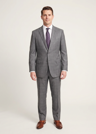 Blujacket Classic Fit Gray Plaid Windowpane Half Canvassed Guabello Wool Suit