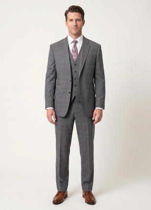 Italiano Mens Gray Windowpane 100% Zegna Wool Slim Fit 2 Piece Suit