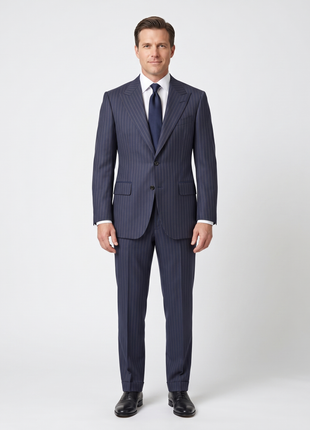 Atica Navy & Orange Pinstripe Slim Fit Peak Lapel Half-Canvassed 2 Button Wool Suit