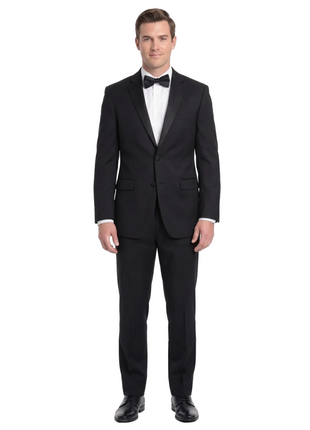 Men's Classic Fit Solid Black Two Button Notch Lapels 100% Wool Formal Tuxedo Suit - The Suit Depot