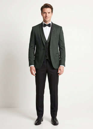 Cemden Extra Slim Fit Textured Hunter Green One Button Tuxedo With Matching Vest