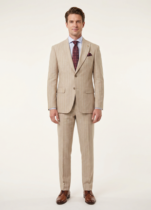Romaster Mens Slim Fit Beige Pinstriped Linen Blend 2 Piece Suit