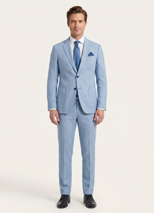 Pierre Carlos Pinstriped Light Blue Slim Fit Stretch Linen Suit with Drawstring Waist