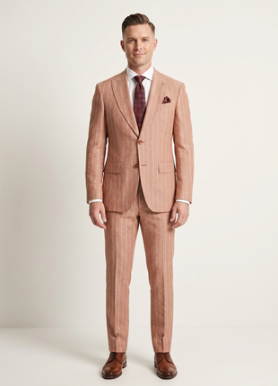 Romaster Mens Slim Fit Rust Pinstriped Linen Blend 2 Piece Suit