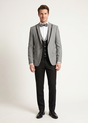 Cemden Extra Slim Fit Gray With Black Diamond Check Three Piece Tuxedo