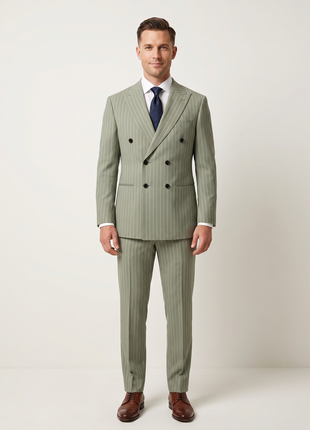 Canuti Sage Green & White Stripe Modern Fit Peak Lapel Stretch Double Breasted Seersucker Suit