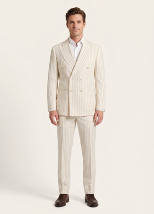 Canuti Cream & Blue Stripe Modern Fit Peak Lapel Stretch Double Breasted Seersucker Suit
