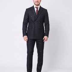 Carducci Mens Double Breasted Navy Windowpane 100% Wool Flannel Slim Fit Suit - The Suit Depot