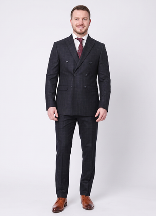 Carducci Mens Double Breasted Navy Windowpane 100% Wool Flannel Slim Fit Suit - The Suit Depot
