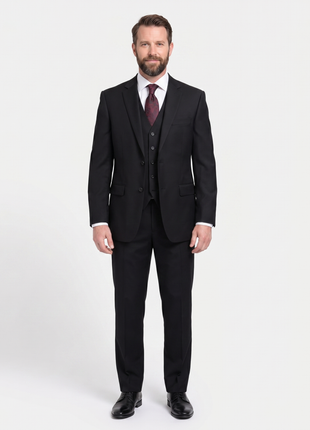 Men's Raphael Classic Fit Solid Black Two Button 3 Piece 100% Wool Vested Suit - The Suit Depot