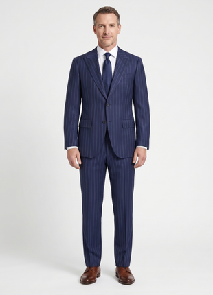 Atica Navy Pinstripe Slim Fit Peak Lapel Half-Canvassed 2 Button Wool Suit