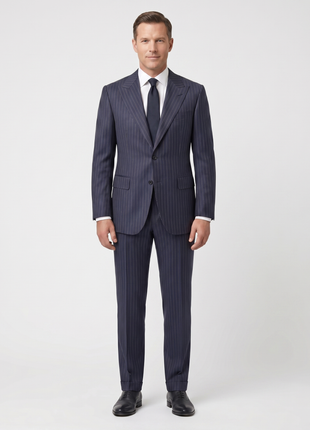 Atica Navy & Orange Pinstripe Classic Fit Peak Lapel Half-Canvassed 2 Button Wool Suit