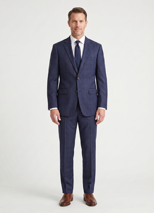 Atica Navy Plaid Slim Fit Half-Canvassed Notch Lapel 2-Button Wool Suit