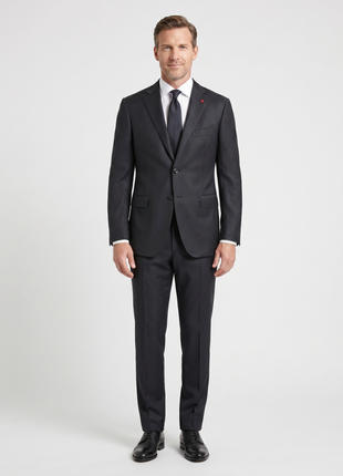 Isaia Mens Black Textured Fully-Canvassed Notch Lapel Classic Fit 2-Button Wool Suit - 44L