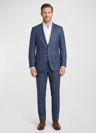 Isaia Mens Blue Plaid Fully-Canvassed Notch Lapel Classic Fit 2-Button Wool Suit - 44L