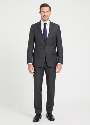 Tommy Hilfiger Charcoal Grey with Light Blue Windowpane Modern Fit Notch Lapel Wool Stretch Suit