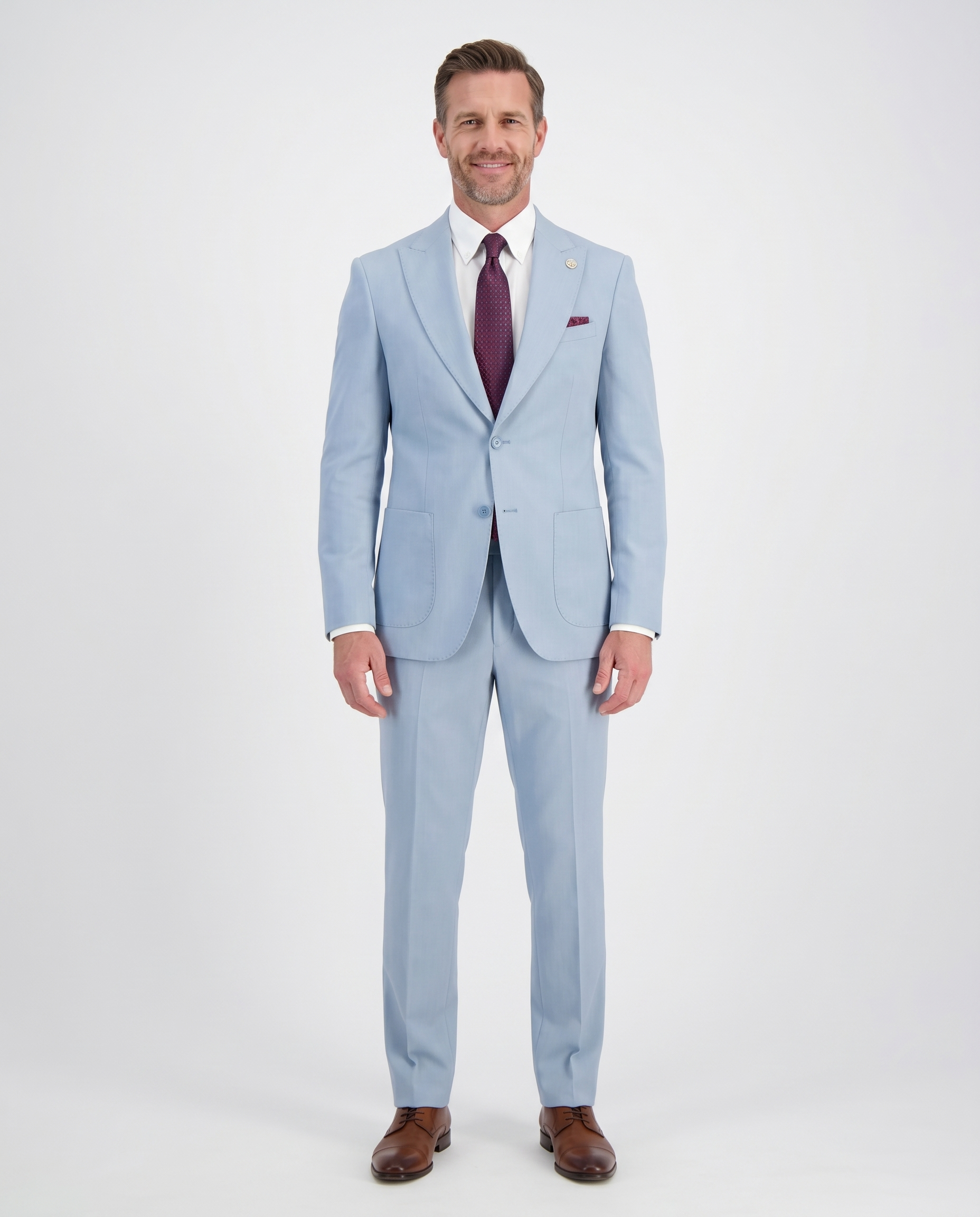 Romaster Men's Solid Light Blue Slim Fit Peak Lapels Stretch Wool Suit –  The Suit Depot