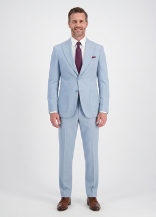 Romaster Men’s Solid Light Blue Slim Fit Peak Lapels Stretch Wool Suit