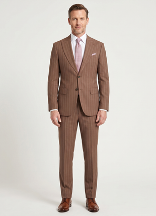 Romaster Men’s Brown Pinstripe Slim Fit Peak Lapels Stretch Wool Blend Suit