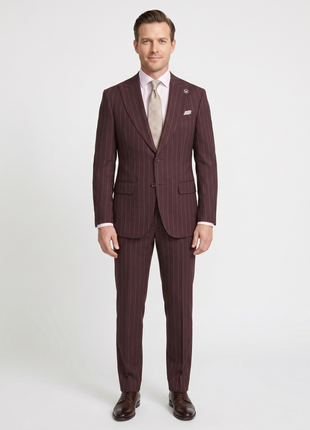 Romaster Men’s Burgundy Pinstripe Slim Fit Peak Lapels Stretch Wool Blend Suit