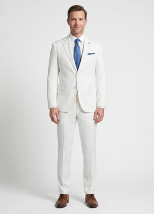 Romaster Mens Solid White Notch Lapel Slim Fit Stretch Wool Blend suit