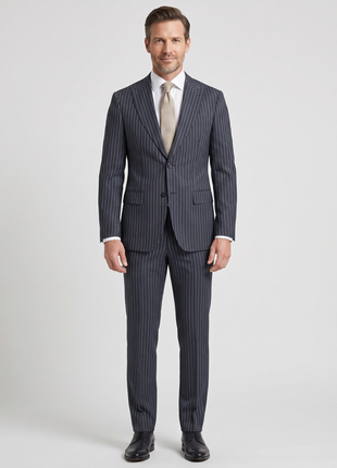 Romaster Men’s Navy Pinstripe Slim Fit Peak Lapels Stretch Wool Blend Suit