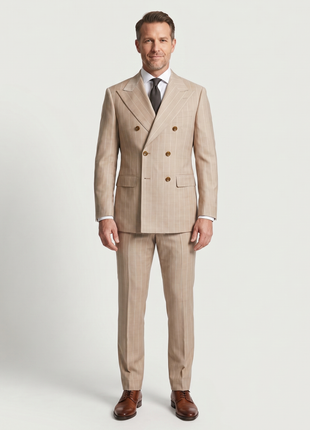 Bergamo Beige Pinstripe Modern Fit Peak Lapel Double-Breasted Wool Suit