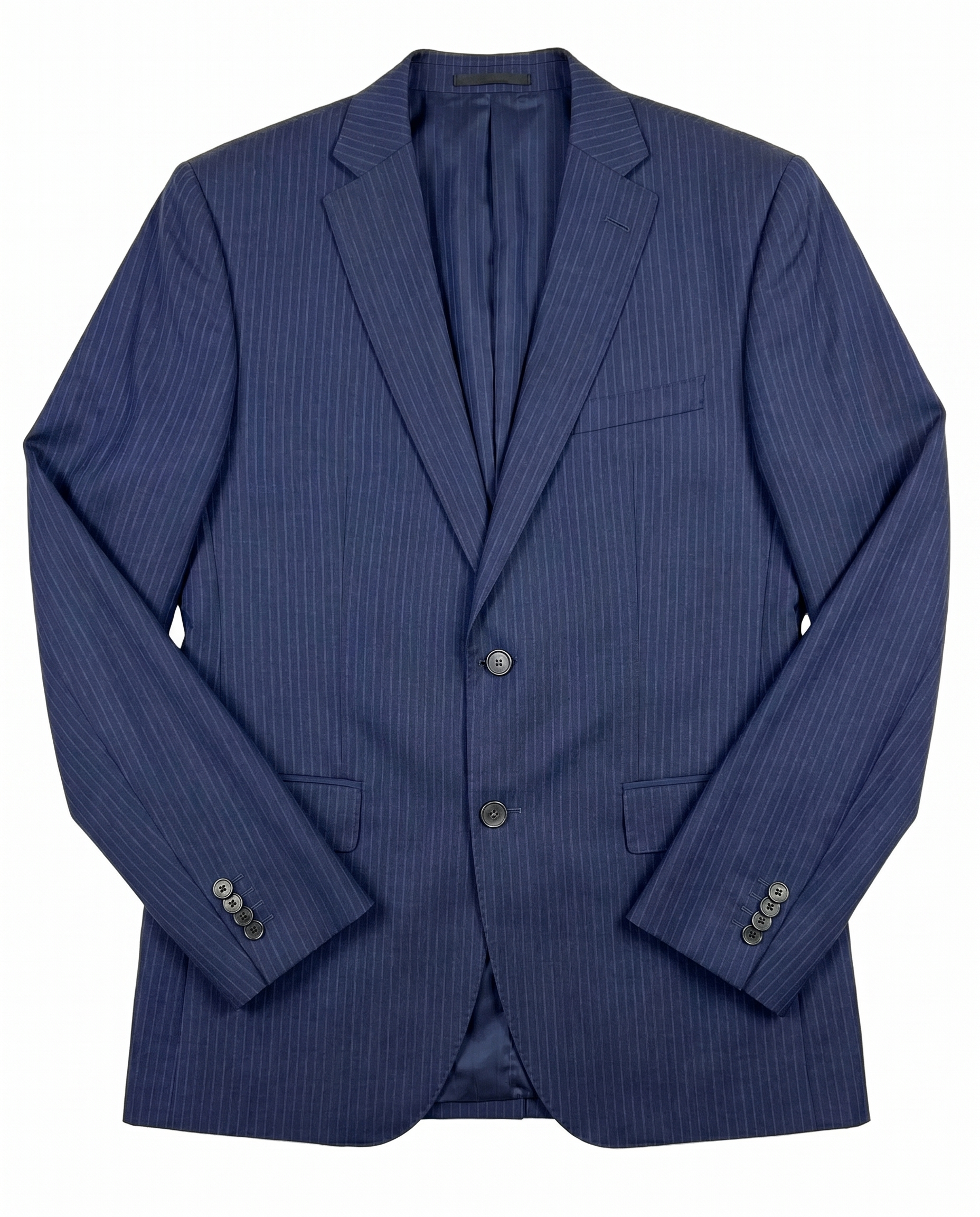 Hugo Boss Navy Pinstripe Modern Fit Notch Lapel Wool 2-Button Suit 40L The Suit Depot Hugo Boss Navy Pinstripe Modern Fit Notch Lapel Wool 2-Button Suit 40L The Suit Depot