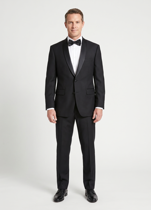Angelo Rossi Mens Solid Black Satin Shawl Lapel Classic Fit 2-Button Tuxedo - 46S