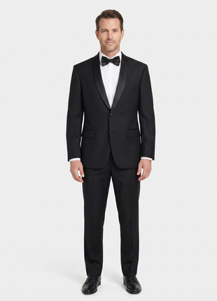 Angelo Rossi Mens Solid Black Satin Shawl Lapel Classic Fit 2-Button Tuxedo - 44S