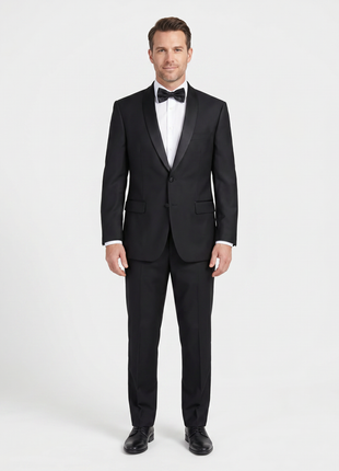 Angelo Rossi Mens Solid Black Satin Shawl Lapel Classic Fit 2-Button Tuxedo - 38R