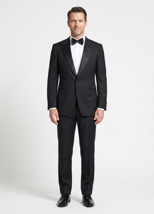 Napoli Mens Solid Black Satin Peak Lapel Classic Fit 1-Button Wool Cashmere Tuxedo - 42L