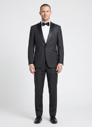 Napoli Mens Charcoal Textured Peak Lapel Classic Fit 1-Button Wool Cashmere Tuxedo with Ticket Pocket - 42S