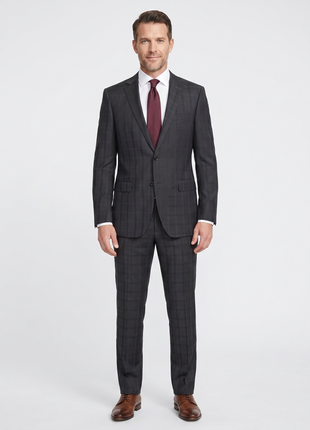 Bartorelli Napoli Mens Dark Charcoal Windowpane Notch Lapel Slim Fit 2-Button Wool Suit  - 44L